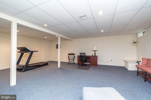 exercise area with recessed lighting, a drop ceiling, carpet floors, and visible vents