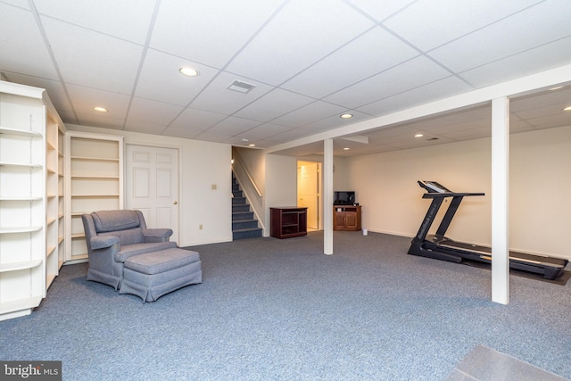 interior space with visible vents, baseboards, stairs, carpet flooring, and recessed lighting