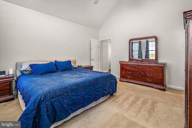 bedroom with high vaulted ceiling, carpet, a ceiling fan, and baseboards