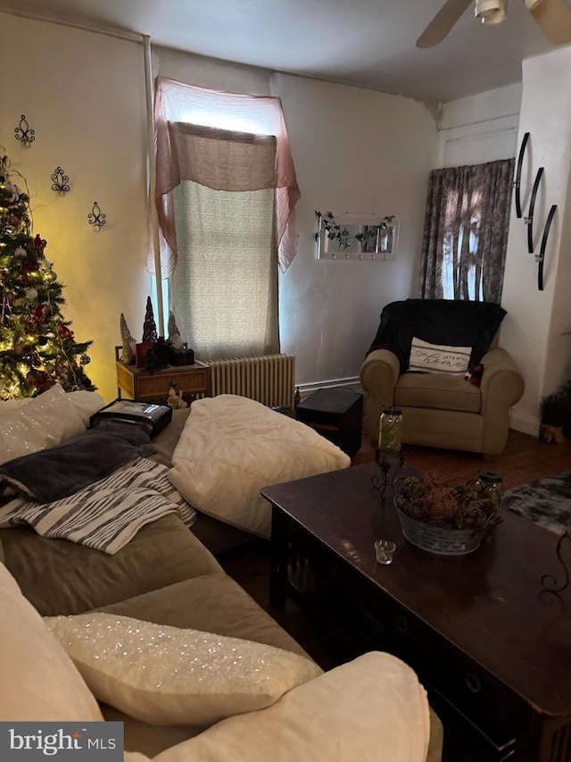 living area featuring radiator heating unit and ceiling fan