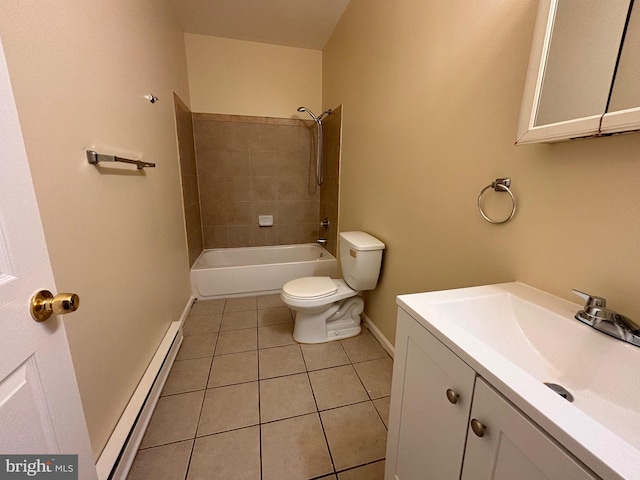 full bathroom featuring shower / bathtub combination, toilet, a baseboard heating unit, vanity, and tile patterned floors