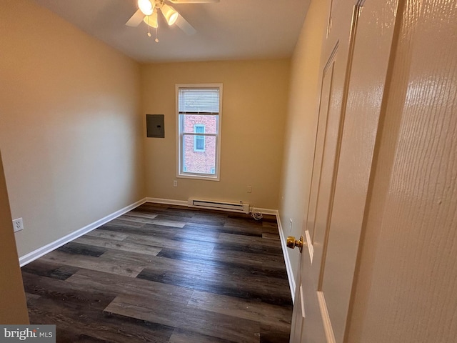 empty room featuring ceiling fan, a baseboard radiator, baseboards, electric panel, and dark wood-style floors