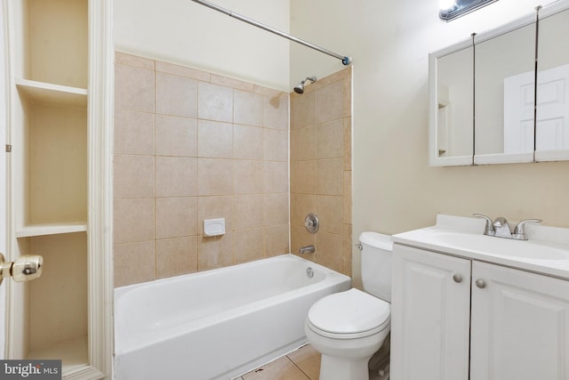 full bathroom with toilet, tile patterned flooring, bathing tub / shower combination, and vanity