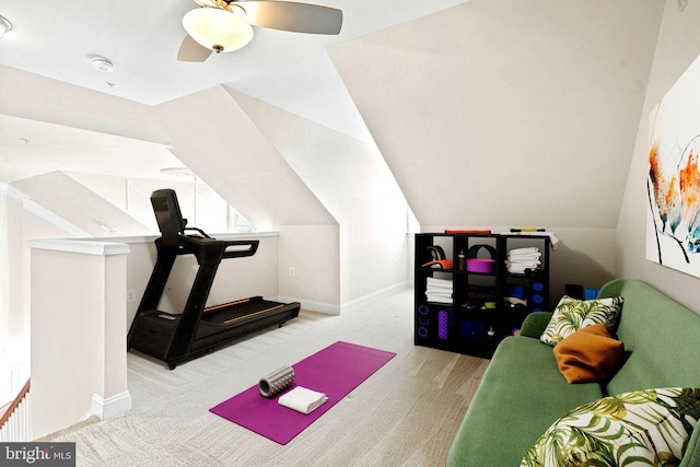 exercise area with lofted ceiling and ceiling fan