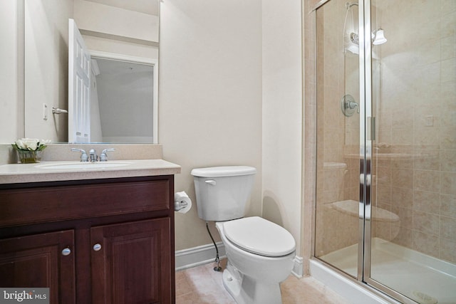 full bath with toilet, a stall shower, vanity, tile patterned flooring, and baseboards