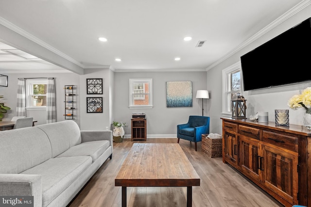 living room featuring light wood-style flooring, a wealth of natural light, and crown molding