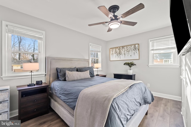 bedroom featuring multiple windows, baseboards, and wood finished floors