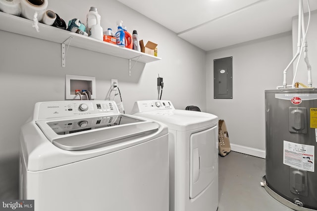 laundry room with electric water heater, separate washer and dryer, laundry area, electric panel, and baseboards