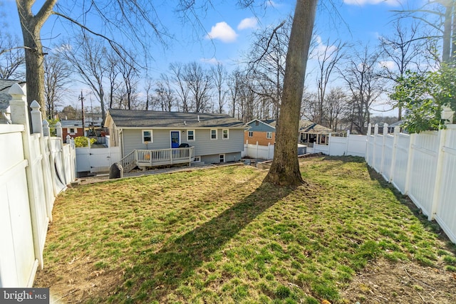 back of property featuring a fenced backyard, a lawn, and a wooden deck