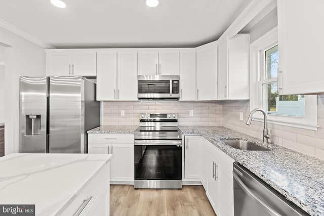 kitchen featuring a sink, light wood-style floors, white cabinets, appliances with stainless steel finishes, and backsplash