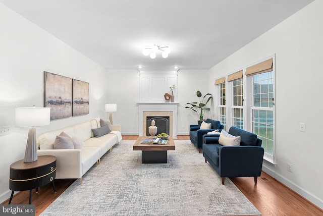 living area featuring a wealth of natural light, a fireplace, baseboards, and wood finished floors