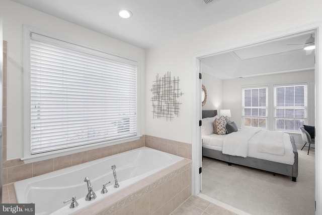 full bath featuring ceiling fan, a garden tub, tile patterned flooring, recessed lighting, and ensuite bath