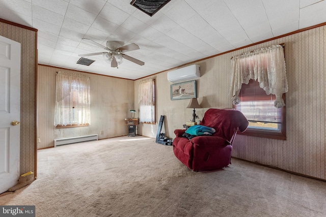 sitting room featuring carpet floors, a baseboard radiator, an AC wall unit, and crown molding