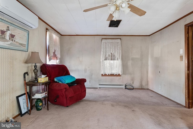 living area with a baseboard radiator, carpet floors, wallpapered walls, a wall mounted air conditioner, and crown molding