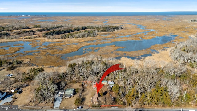 drone / aerial view featuring a water view