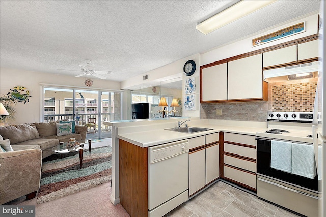 kitchen featuring a peninsula, electric stove, under cabinet range hood, dishwasher, and open floor plan