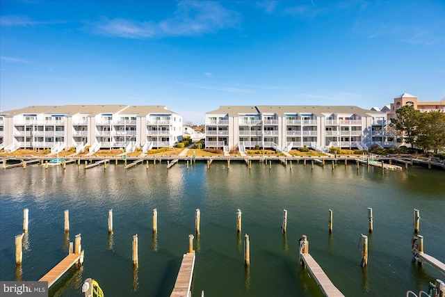 view of dock with a water view