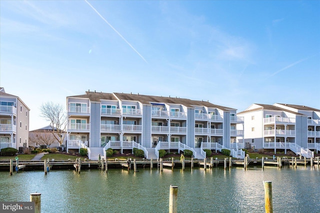 exterior space with a water view