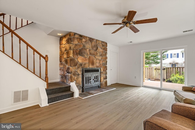 4504 Little River Run Dr, Annandale, VA 22003 - living room with stairs, baseboards, wood finished floors, and a ceiling fan