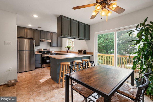 4504 Little River Run Dr, Annandale, VA 22003 - kitchen with stainless steel appliances, healthy amount of natural light, a peninsula, under cabinet range hood, and recessed lighting