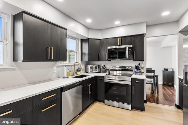 kitchen with a sink, light wood-type flooring, appliances with stainless steel finishes, and dark cabinets