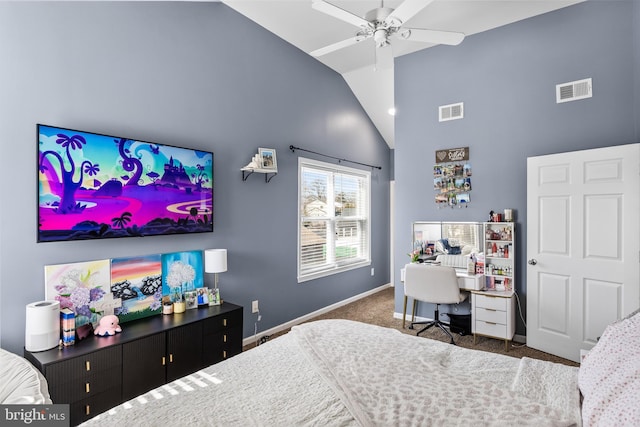 bedroom featuring high vaulted ceiling, carpet, visible vents, and baseboards