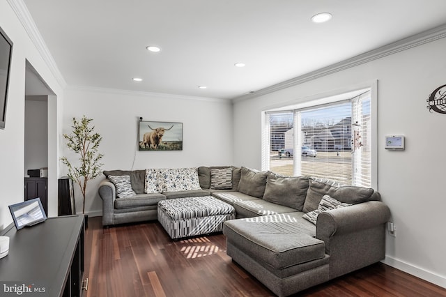 living area with recessed lighting, crown molding, baseboards, and dark wood-style flooring