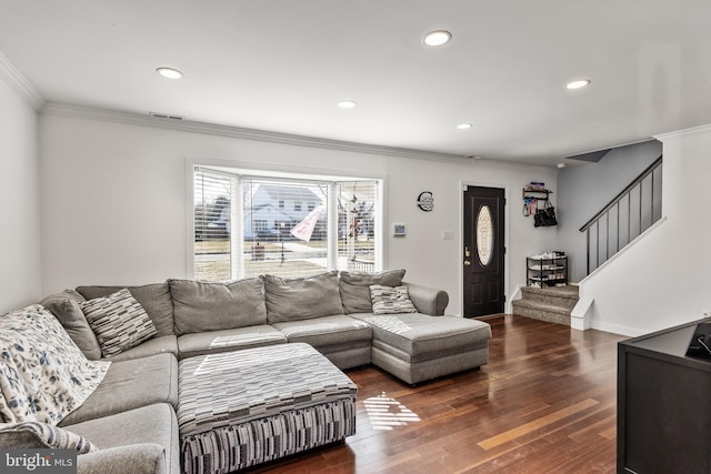 living room with visible vents, dark wood finished floors, stairway, ornamental molding, and recessed lighting