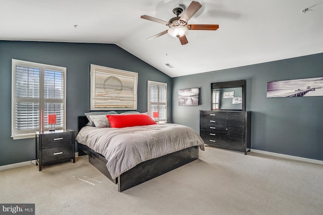 bedroom featuring visible vents, baseboards, carpet, and vaulted ceiling