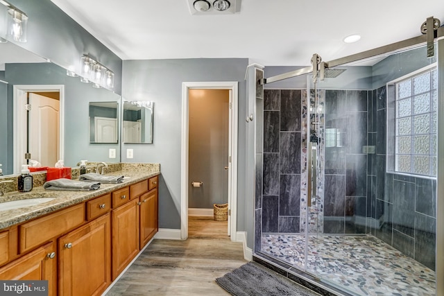 bathroom featuring baseboards, double vanity, a stall shower, wood finished floors, and a sink