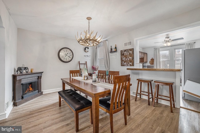 dining space featuring light wood-type flooring, visible vents, a lit fireplace, and ceiling fan with notable chandelier