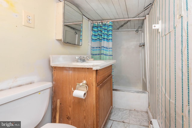 bathroom featuring toilet, wood ceiling, shower / tub combo with curtain, and vanity