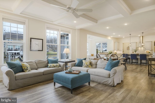 living room featuring light wood-type flooring, plenty of natural light, and beamed ceiling