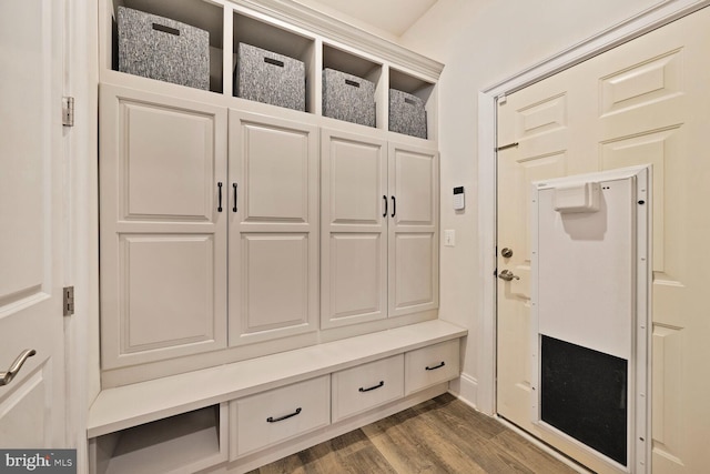 mudroom featuring dark wood-style floors