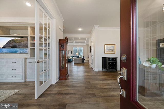 foyer with dark wood-type flooring, recessed lighting, crown molding, and beamed ceiling