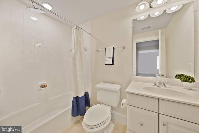 full bathroom with toilet, visible vents, vanity, tile patterned floors, and shower / bath combo with shower curtain