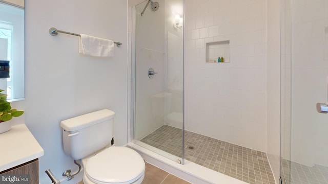 bathroom with a shower stall, toilet, and vanity