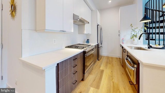 kitchen featuring under cabinet range hood, stainless steel appliances, modern cabinets, and a sink