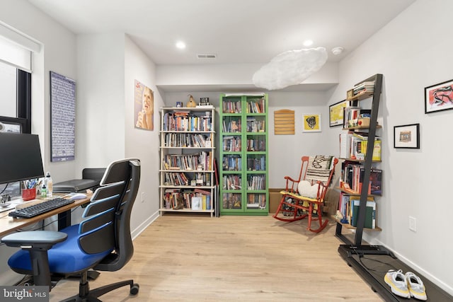 office featuring visible vents, recessed lighting, wood finished floors, and baseboards