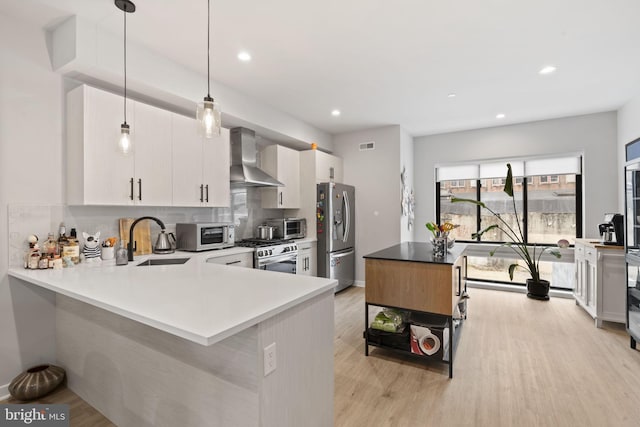 kitchen with a sink, light wood-style flooring, appliances with stainless steel finishes, and wall chimney exhaust hood