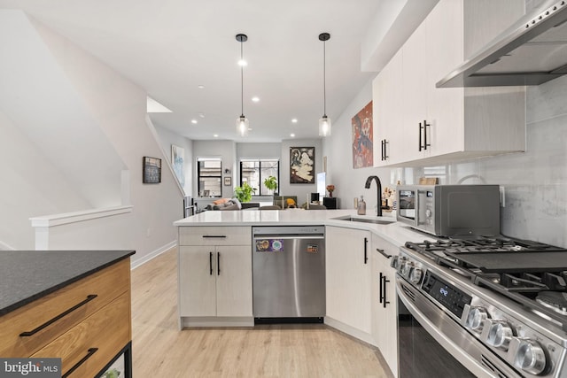 kitchen featuring under cabinet range hood, a sink, stainless steel appliances, light wood-style floors, and a peninsula