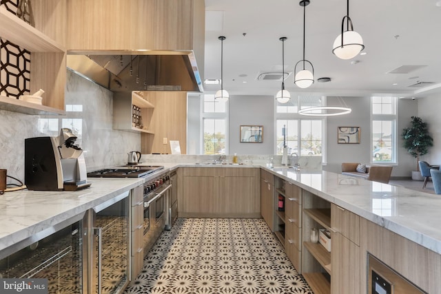 kitchen featuring modern cabinets, open shelves, and light brown cabinetry