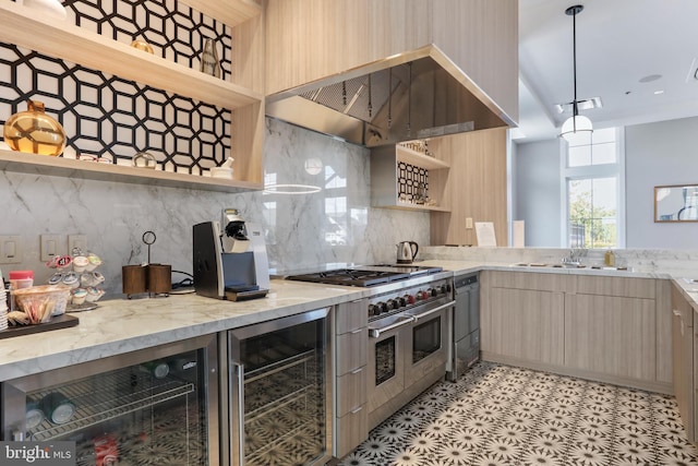 kitchen featuring beverage cooler, modern cabinets, wall chimney range hood, open shelves, and a sink