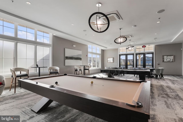 recreation room with billiards, carpet flooring, and recessed lighting