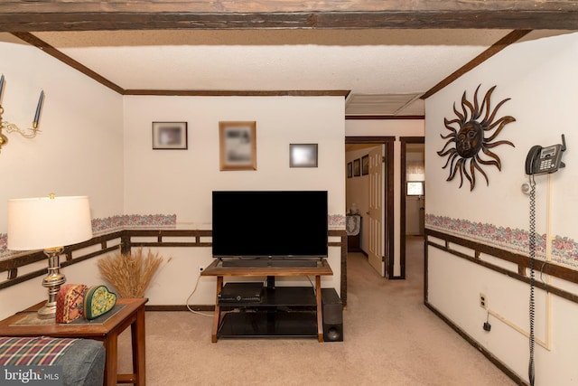 living area featuring light carpet and ornamental molding