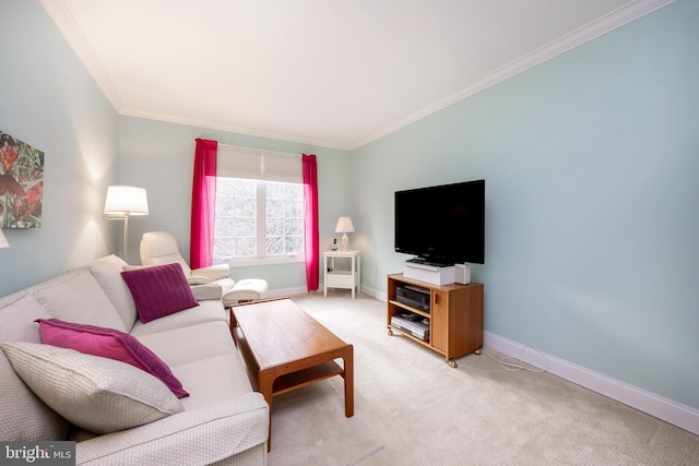 living area with baseboards, crown molding, and light colored carpet