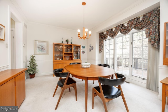 dining area with a wealth of natural light, light colored carpet, and crown molding