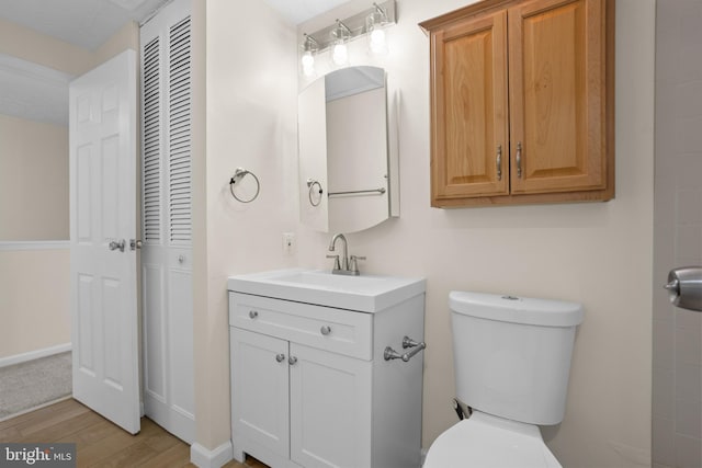 bathroom with wood finished floors, a closet, vanity, and toilet