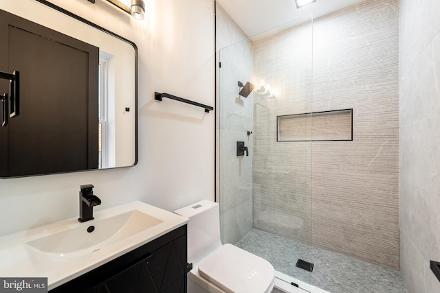 full bathroom featuring toilet, a walk in shower, and vanity