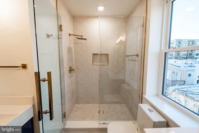 full bath featuring a shower stall, toilet, and vanity